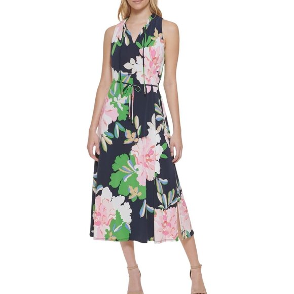 Tommy Hilfiger Isla Floral Midi Dress Sky Captain Bloom Tie Front Women's Size 8 - Picture 1 of 12